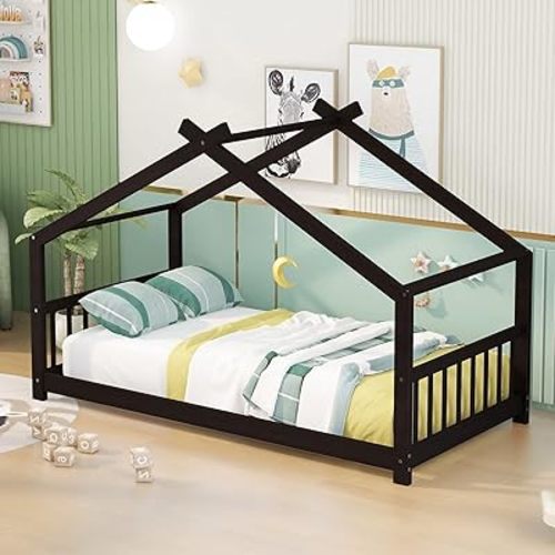 Twin House Beds Wood Montessori Bed Frame Kids Platform Bed with Headboard & Footboard for Children Boys Girls Teens, Espresso
