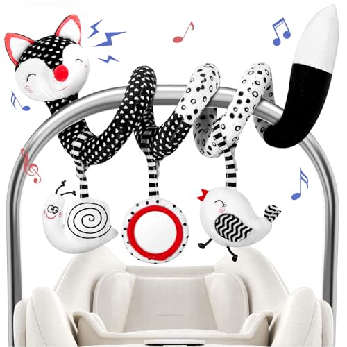 FATI Car Seat Toys for Babies 0-6 Months, Carseat Toys Hanging Toys for Newborns, Black and White High Contrast Toy for Baby 0-3 Months, Spiral Stroller Toys for 0 3 6 9 12 Months Baby Ideal Gift