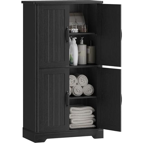 Bathroom Floor Storage Cabinet, Freestanding Cabinet with 4 Door, 2 Adjustable Shelves, Bathroom Storage Unit for Bathroom, Kitchen 11.7 x 23.5 x 43.2 Inches, Black Modern