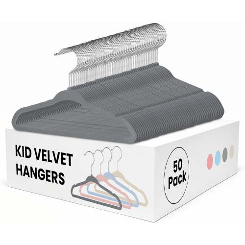 Kids Velvet Hangers 50 Pack, Non-Slip Baby Hanger for Infant & Toddler Clothes, 11 Inch Durable Children Hangers for Closet, Grey
