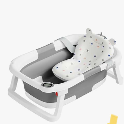MoreFeel Collapsible Baby Bathtub for Newborn with Thermometer & 1 Hooded Towel & 1 Soft Floating Cushion,Portable Travel Bathtub with Drain Hole, Durable Foldable Baby Tubs for Infants to Toddler