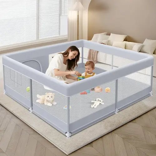Baby Playpen 50 x 50 Inch Play Pen Playards, Playpen for Babies and Toddlers, Baby Playard for Indoor & Outdoor Active Center Game Fence, with Skin-Friendly Fabric and Soft Breathable Mesh Grey