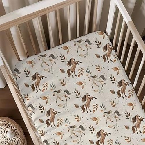 Farm Animals Horses Leaves Pattern Baby Sheets for Crib, Unisex Western Horse Nursery Fitted Bed Sheet for Boys Girls Standard Crib and Toddler Mattress-28x52
