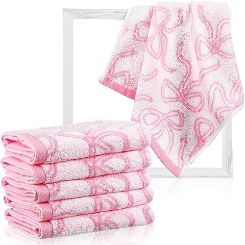 6 Pcs Pink Bow Washcloths 100% Cotton Wash Cloths 13" x 13" Coquette Small Face Towels Absorbent Soft Hand Bath Towels for Bathroom, Spa, Kitchen Drying Cleaning (Classic Style)