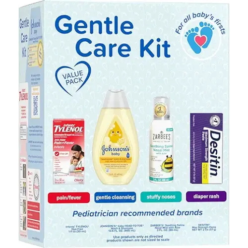 Johnson's Baby Gentle Care Kit with Infants' Tylenol Pain Reliever, Zarbee's Soothing Saline Mist, Desitin Maximum Strength Diaper Rash Ointment & Johnson's Baby Head-To-Toe Wash, 4 Items