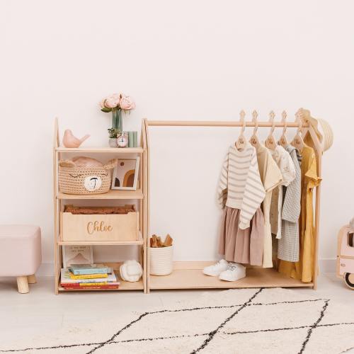 Wooden Clothing Rack with Shelf and Custom Hangers, Wardrobe For Kids, Clothes Storage for Girls Nursery, Playroom Furniture