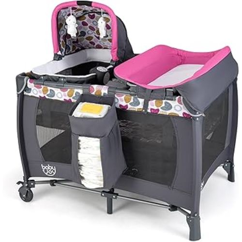 BABY JOY 5 in 1 Pink Pack and Play, Portable Baby Playard with Bassinet & Changing Table, Infant Pink Bassinet Nursery Center w/Toys & Music & Oxford Bag for Baby Girl Toddlers (Rose, Dot Circle)