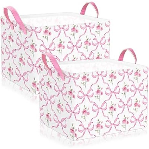 2Pcs Pink Bow Flower Storage Basket