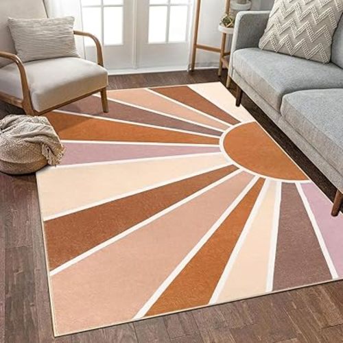 Topotdor Sun Rainbow Area Rug 5 x 7ft Boho Kids Nursery Rug, Colorful Washable Area Rug Ultra Soft Circle Classroom Rug Non-Slip for Bedroom Living Room Playroom Decor, Orange