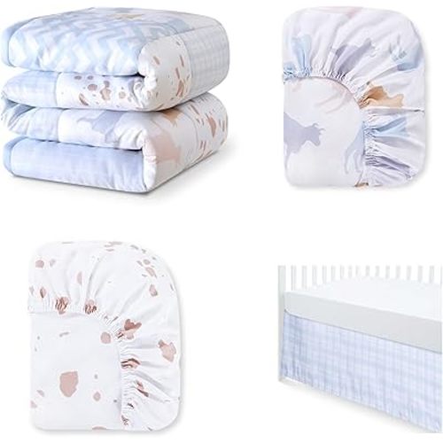 Mini Crib Bedding Set with Cow - 4pcs Polyester Quick Dry, Breathable Baby Crib Bedding Set for Newborn, Infants, Including Quilt, Two Matching Crib Sheet, Crib Skirts, Barnyard Western Nursery Decor
