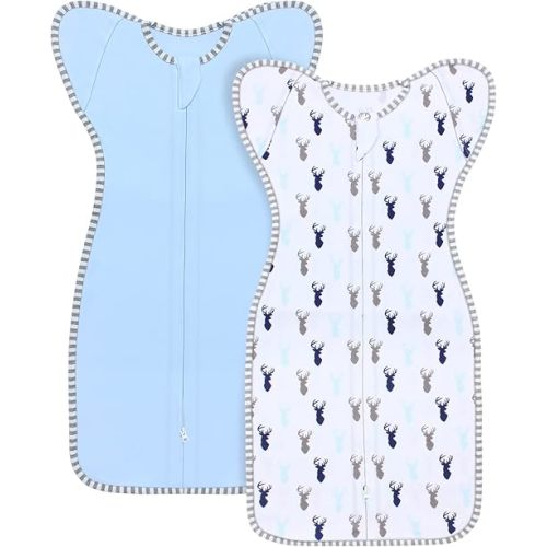 Transition Swaddle, Newborn Sleep Sack 0-3 Months Arms up Swaddle 2-Way Zipper 100% Cotton Arms in/out, 0.8 Tog Baby Sleepsack Swaddle for Boy Girl, 2-Pack Transitional Swaddle Sack (Small 5-14lbs)