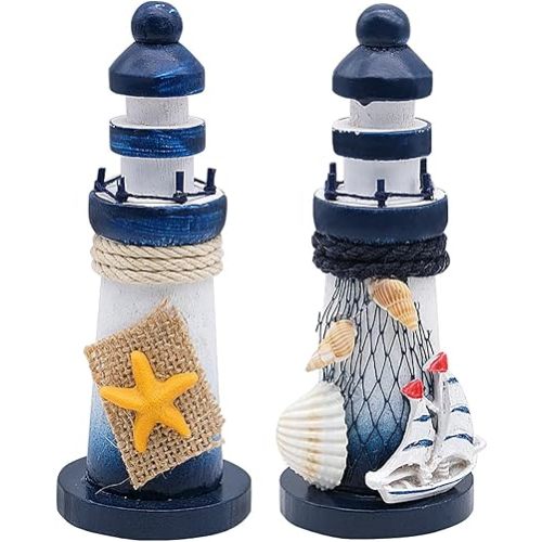 2 PCS Mini Lighthouse Decor, Wooden Miniature Lighthouse Model, Nautical Theme Decoration for Bathroom, Baby Shower, Party, Kids Nursery