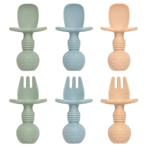 Baby Spoons and Forks Feeding Set, 6 Pack Silicone First Stage Self Feeding Toddler Utensils, BPA Free, Baby Led Weaning Supplies for Training Spoons