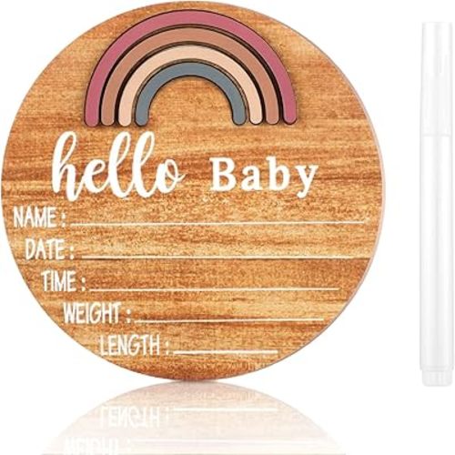 Wooden Baby Birth Announcement Sign Rainbow Baby Name Sign with Marker Pen Baby Arrival Sign Welcome Newborn Sign for Hospital Photo Prop Baby Shower Nursery Gift