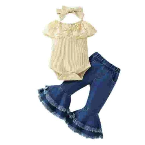 Dealovy Baby Girl Outfit Infant Ribbed Knit Ruffle Sleeveless Onesie Bell Bottom Denim Pants Headband Cute Clothes