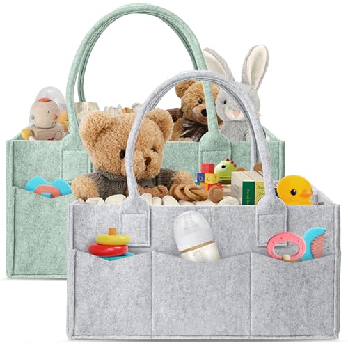 HIPHOP PANDA 2-Pack Diaper Caddy Organizer - Nursery Storage Bin & Car Organizer for Diapers, Wipes, and Baby Essentials - Dual-Color Solid Set (Grey/Green), Large Size