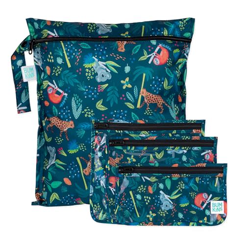 Bumkins - Waterproof Wet Bag & Clear Travel Bags - For Beach, Baby, Travel, Swim Suit, Cloth Diapers, Pump Parts, Pool, Gym, Toiletries - Reusable & Easy to Clean - Jungle - 4 Pack