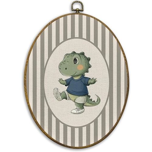 CUANFDDSF Dinosaur Nursery Oval Wall Art Decor, Boys Room Wall Hanging Decor, Neutral Striped Dinosaur Dino Framed Canvas Prints for Kids Toddler Nursery Room Bedroom Playroom, 8.6x11.4 Inch