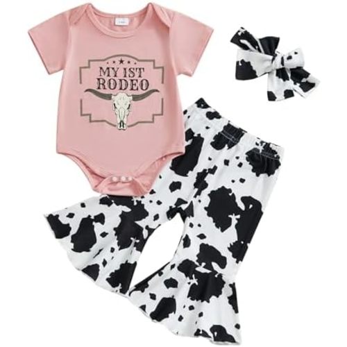SAYOO Western Baby Girl Clothes Boots or Bows Letter Bodysuit Romper Cow Print Flared Pants Headband Cowgirl Country Outfit