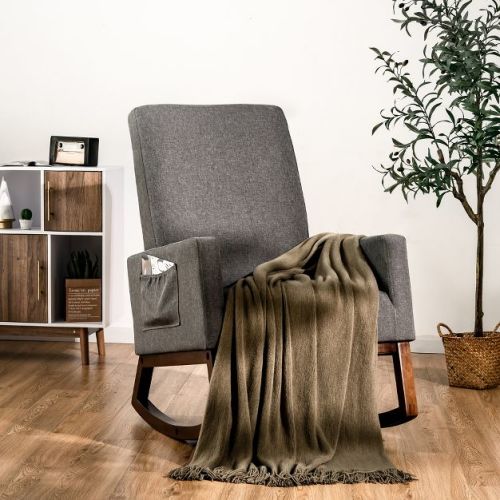 Costway Mid Century Retro Fabric Rocking Chair Upholstered Nursery Armchair Gray