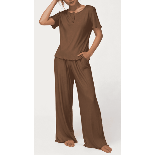 Loritta Womens Pajama Sets Knit Short Sleeve Long Pants Lounge Sets Breathable 2 Piece Pjs with Pockets Summer Brown S-2XL