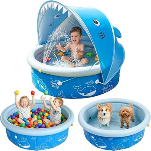 Kiddie Baby Pool with Canopy Sprinkler, 47in Foldable Toddler Pool