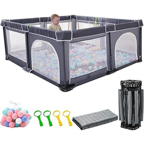 Foldable Baby Playpen with Mat, 71x59 inch Playpen for Babies and Toddlers,Portable Play Pen with 30pcs Ocean Balls and 4 Handlers, Indoor & Outdoor Baby Fence.