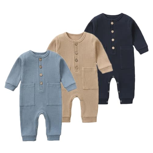 BeiVSlley Newborn Baby Boy Girl 2 Pack Button Solid Romper Infant Long sleeve Knit Cotton Footless Outfits Clothes