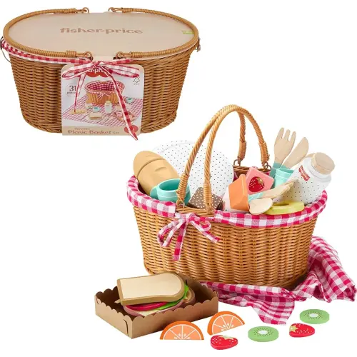 Fisher-Price Wood Pretend Play Toy Picnic Basket, 31-Piece Wooden Food Playset for Preschool Kids Ages 3+ Years