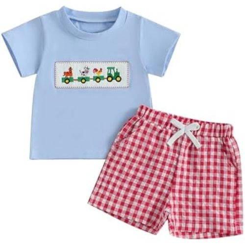 Toddler Baby Boy Clothes Farm Animal Embroidered Short Sleeve T-Shirt and Plaid Shorts Set 2Pcs Summer Outfit