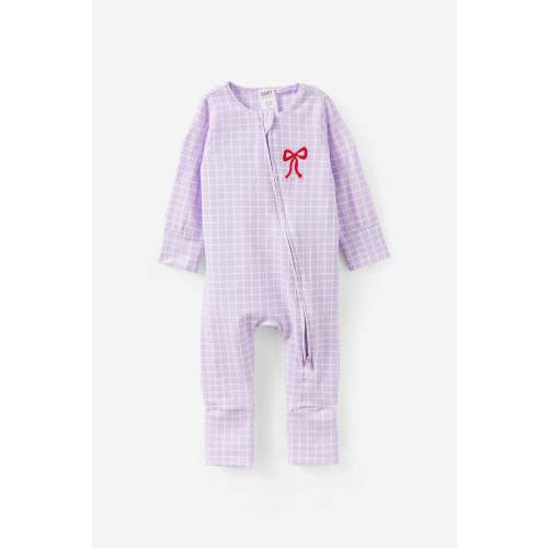 Growie Long Sleeve Zip All In One Romper - Color: vintage lilac/bow grid 0-3 months