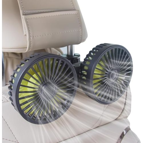XOOL Car Fans for Backseat - Dual Head USB Cooling Car Fan for Kids, 360° Rotatable Car Rear Headrest Fan, Air Circulation Fan with Adjustable Clip for Vehicles SUV RV Truck
