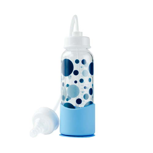 Hands-Free Baby Bottle - Anti-Colic Nursing System 7 oz Glass Baby Bottle with Fast Flow Nipple/Teat 3m+ with Tube Straw Feeding System for Toddler (1 Bottle - Blue)