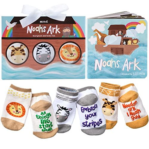 Tickle & Main Noah’s Ark 4-Piece Gift Set for Infants 0-12 Months, Includes Storybook and 3 Pairs of Animal Socks Noah Arc Noahs Ark Book for Baby