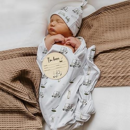 Ylsteed Baby Swaddle Blanket and Headband Set, Newborn Receiving Blanket Swaddle Wrap for Girls and Boys, Swaddling Blankets Neutral for Newborn, Soft and Skin-Friendly 32 * 32 inches (Little Car)