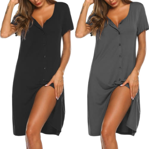 Ekouaer 2 Pack Nightgowns for Women Button Down Night Shirts Short Sleeve Sleep Shirts V Neck Sleepwear Pajama Dress