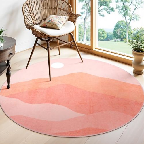 Pink Round Rugs, 4Ft Soft Nursery Rug Non Slip Washable Circle Rug, Modern Mountain Playroom Mat Sunrise Sunset Round Carpet for Kids Room Entryway Bedroom Living Room Dorm