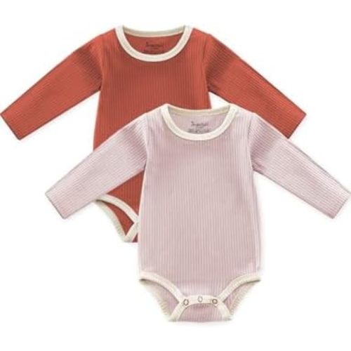 Baby Girls Boys Long Sleeve Bodysuits, Organic Cotton Waffle Gender Neutral Romper 2 Packs(0-24 Months)