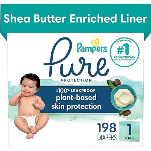 Pampers Pure Protection Diapers - Size 1, One Month Supply (198 Count), Hypoallergenic Premium Disposable Baby Diapers