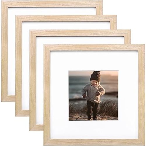 KINLINK 10x10 Picture Frames, Square Natural Wood Frames with Acrylic Plexiglass for Pictures 6x6 With Mat, Tabletop and Wall Mounting Display, Set of 4