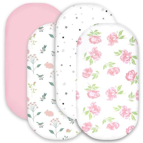 Bimocosy Bassinet Sheet, 4 Pack Bassinet Sheets for Baby Boys Girls, Soft Baby Bassinet Fitted Sheets Neutral for Bassinet Mattress, Size 32 x 16 x 4 Inches, Rose/Rabbits/Stars/Pink