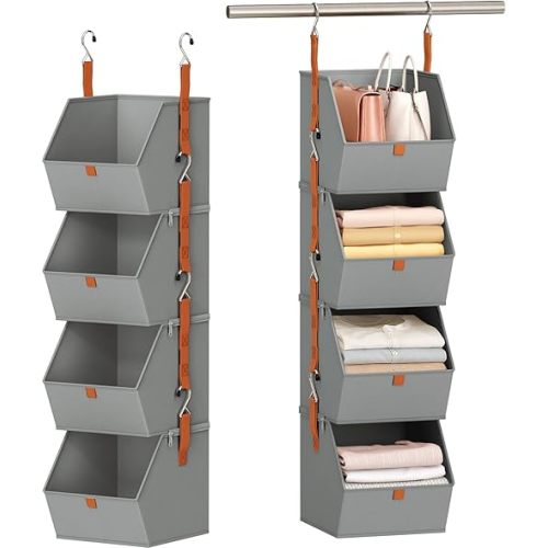 Hanging Closet Organizer 4 Tier - Clothes Hanging Shelves, Space-Saving Closet System, Fabric Storage Bins Bedroom Organization, Collapsible Baskets for Home, Dorm, Rv, Grey