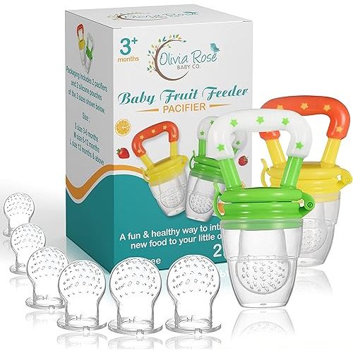 Baby Fruit Feeder Pacifier (2 Pack), Fresh Food Feeding Teether for Toddler, BPA Free, Soothing Gum Relief, Infant Silicone Teething Toy, Includes All The Sizes of The Silicone Nipple Pouches