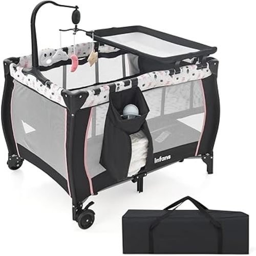 INFANS 3 in 1 Pack and Play, Portable Travel Baby Bassinet with Detachable Mattress, Changing Table, Foldable Playpen with Carry Bag, 2 Wheels (Cartoon)