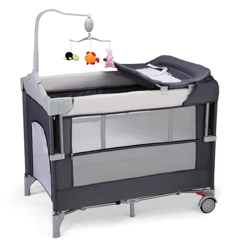 VALUE BOX 5 in 1 Pack and Play with Bassinet, Diaper Changing Table for Newborn Infant, Portable Baby Playpen for Babies and Toddlers (Gray)