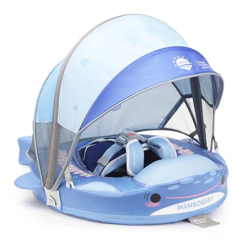 Mambobaby Baby Pool Float with Canopy & Tail Non-Inflatable Solid Baby Swim Float for Infants Toddlers 3-24 Months Upgrade Soft Waterproof Skin-Friendly Material Infant Swimming Float