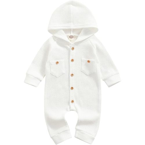 Ynibbim Winter Newborn Baby Boy Girl Solid Romper Unisex Infants Hooded Outfit Clothes Waffle Cotton Button Jumpsuits