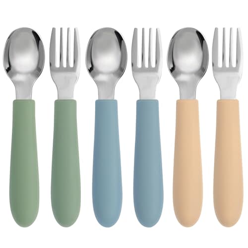 Eascrozn 6 Pack Toddler Utensils, Toddler Forks and Spoons Set, Kids Silverware with Silicone Handle, 18/8 Stainless Steel Children Safe Flatware, BPA Free, Dishwasher Safe