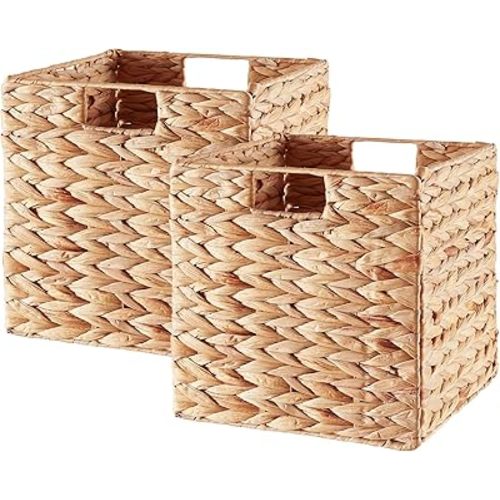 Vagusicc Storage Basket, Set of 2 Hand-woven Water Hyacinth Storage Baskets, Foldable Wicker Storage Basket 9 Inch Cube Storage Bins for Shelves Organizer Square Shelf Baskets, 9''x9''x9''