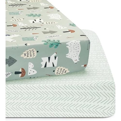 TILLYOU Baby Crib Sheets for Boys Girls, Super Soft Toddler Bed Sheets, 2 Pack Sheets for Standard Crib Mattress 28x52in, Jungle Walk and White Stripes